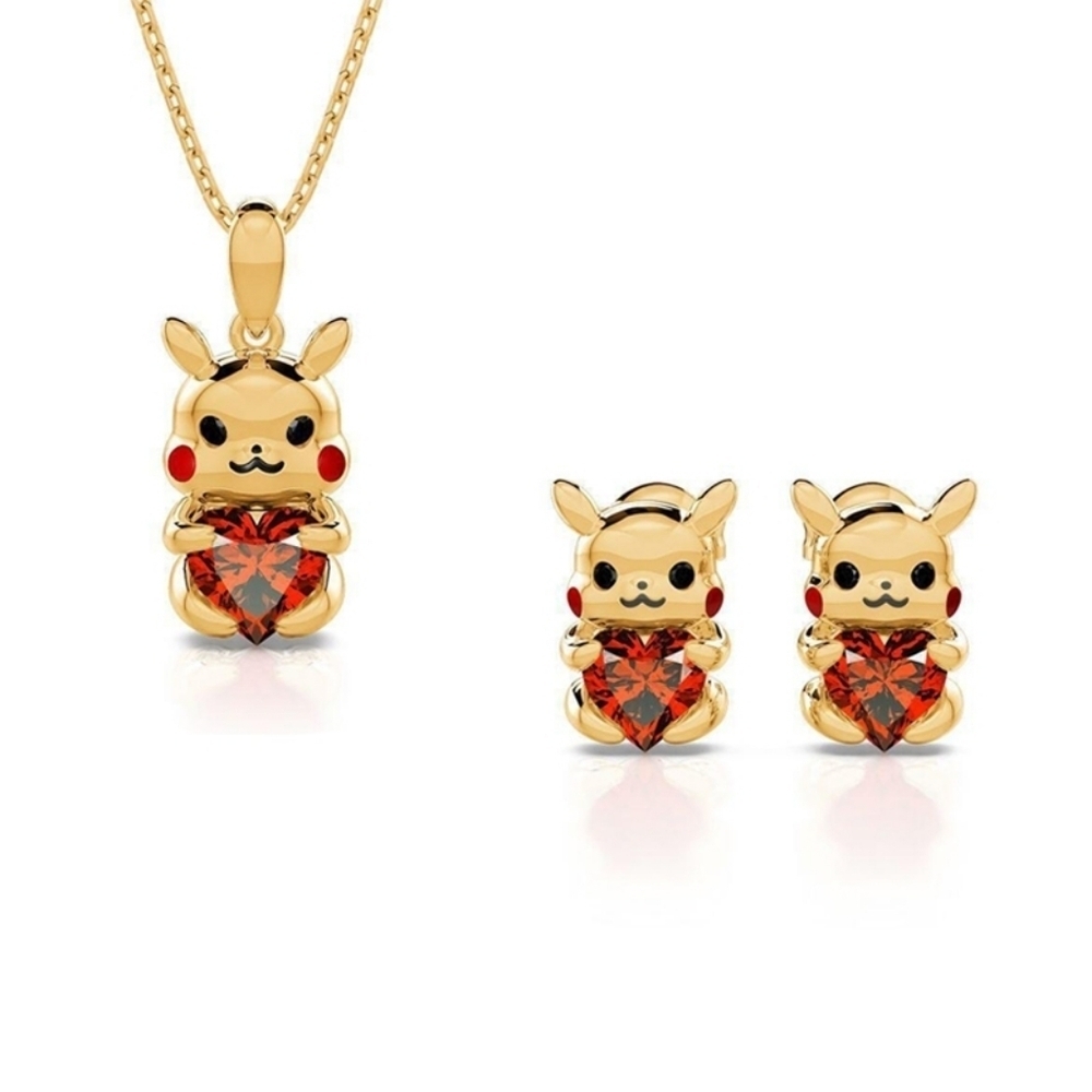 Luxury 18K Gold Pikachu & Red Zircon Jewelry Set (Necklace & Earrings)